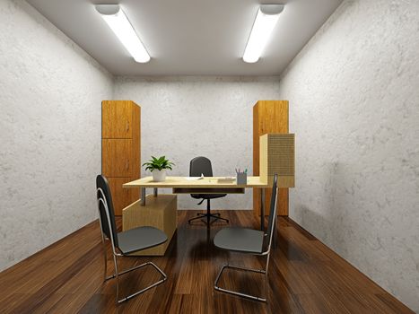 A small office with a table and chairs