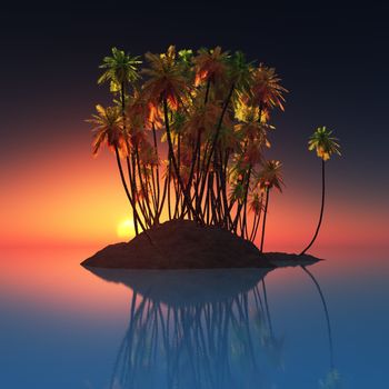 palm island at ocean and sunset