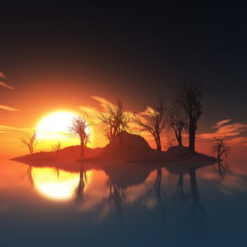 dead trees island and sunset