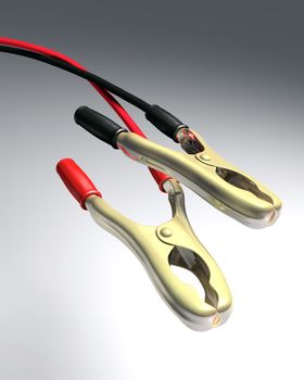 closeup of a couple of pincers of a battery cables with black and red handles and wires, on a white and gray background