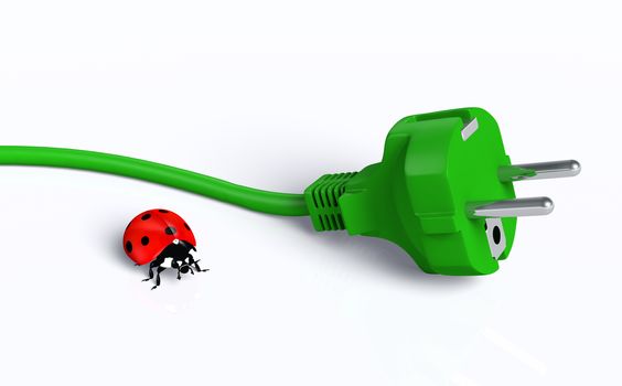 closeup of an ecological green plug placed on the ground with a red ladybug next to it, on a white background