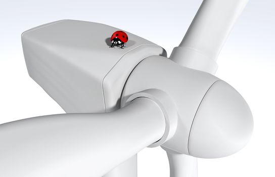 closeup of a wind generator where on top there is a red ladybug, on a clear grey background