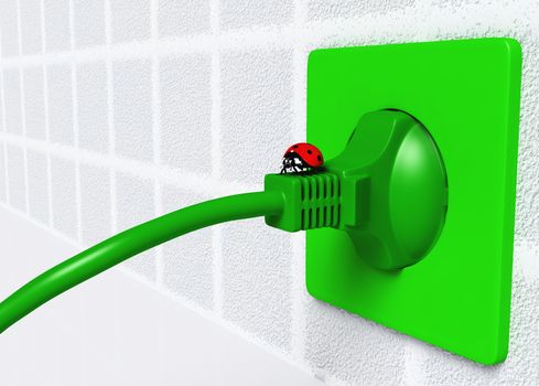 a small ladybug is on an ecological green plug that is connected to a green socket placed on the wall