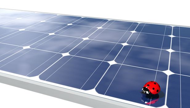 a red ladybug is on a solar panel where are reflected some clouds, on a white background