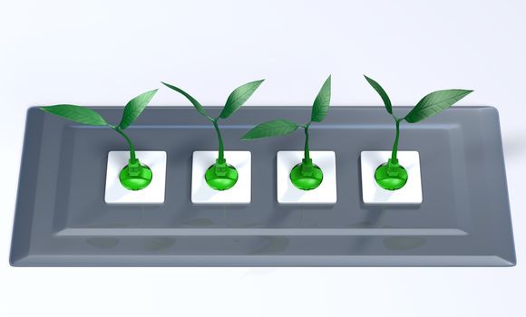 four green plugs with the cables that take the form of small plants are inserted into sockets placed in a lucid grey support panel, on a white background