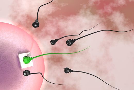 plugs and cables take the form of sperm and the green one is plugged into a socket connected to the ovum, on a abstract pink background