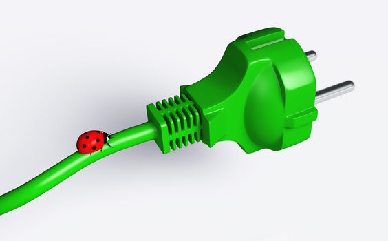 a small ladybug is riding a green plug on its cable behind it, on a white background