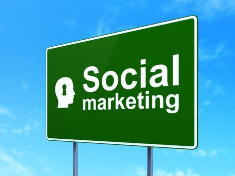 Marketing concept: Social Marketing and Head With Keyhole icon on green road (highway) sign, clear blue sky background, 3d render