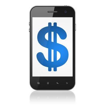 Currency concept: smartphone with Dollar icon on display. Mobile smart phone on White background, cell phone 3d render