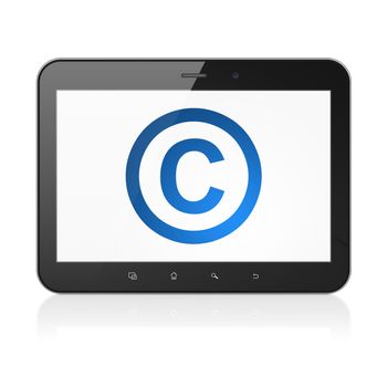 Law concept: black tablet pc computer with Copyright icon on display. Modern portable touch pad on White background, 3d render