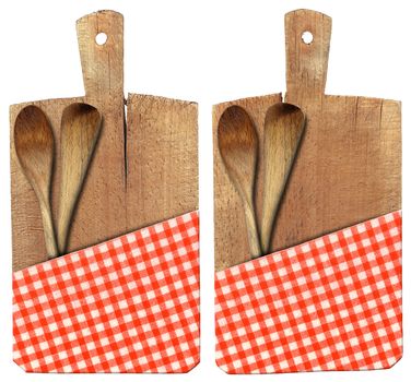 Used chopping or cutting board isolated on white with red checked tablecloth
and two wooden spoons or ladles 

