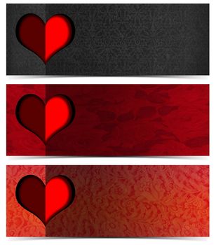 Set of three romantic banners or headers with floral texture and stylized heart

