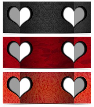 Set of three romantic banners or headers with floral texture and two stylized hearts