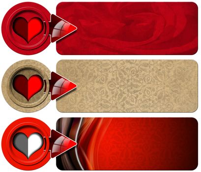 Set of three romantic banners with floral texture, stylized heart and red arrow