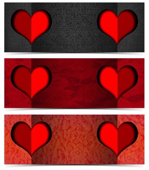 Set of three romantic banners or headers with floral texture and two stylized hearts