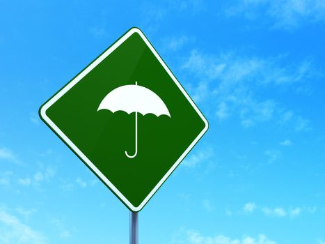 Privacy concept: Umbrella on green road (highway) sign, clear blue sky background, 3d render