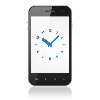 Time concept: smartphone with Clock icon on display. Mobile smart phone on White background, cell phone 3d render
