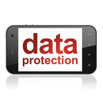 Security concept: smartphone with text Data Protection on display. Mobile smart phone on White background, cell phone 3d render