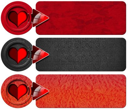 Set of three romantic banners with floral texture, stylized heart and red arrow