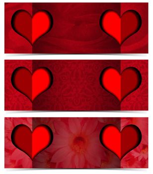 Set of three romantic banners or headers with floral texture and two stylized hearts