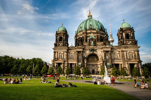 The Lustgarten, "Pleasure Garden", a fountain in front of a Berliner Dom (Berlin Cathedral) a park on Museum Island in central Berlin, Germany
