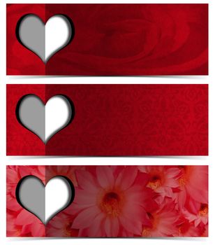 Set of three romantic banners or headers with floral texture and stylized heart
