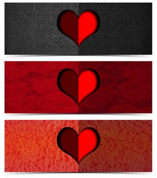 Set of three romantic banners or headers with floral texture and stylized heart
