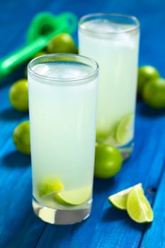 Freshly prepared refreshing lemonade out of limes with ice cubes in tall glass with limes and squeezer in the back (Selective Focus, Focus on the front rim of the glass)