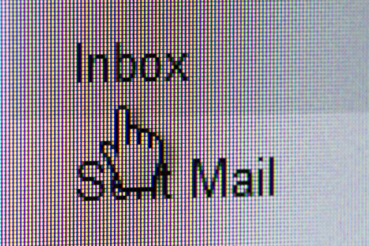 Mail concept. Close up macro of mouse hand icon, cursor on inbox and sent mail buttons.