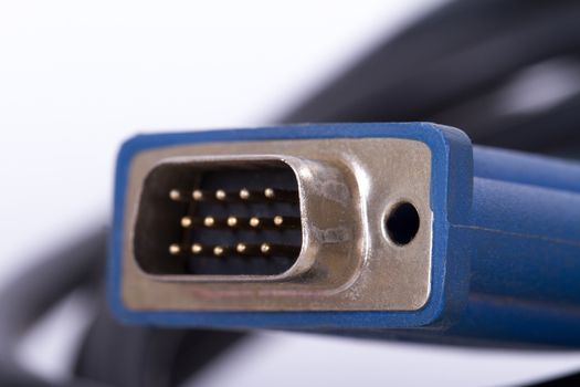 Blue analog monitor VGA with black cable, isolated on white background.