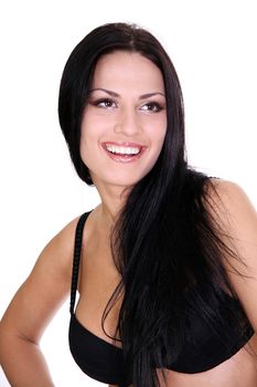 Portrait of young happy smiling woman, isolated on white