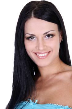 Portrait of young happy smiling woman, isolated on white