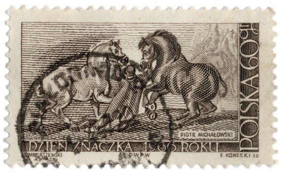 POLAND - CIRCA 1966: a stamp printed in Poland, shows a picture of Polish painter Piotr Michalowski (1800-1854) - Two horses and a guy, circa 1966