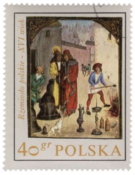 POLAND - CIRCA 1969: a stamp printed in Poland, shows polish crafts in medieval town, circa 1969