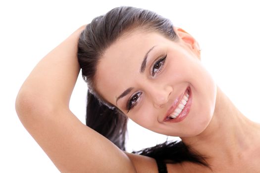 Portrait of beautiful woman on white