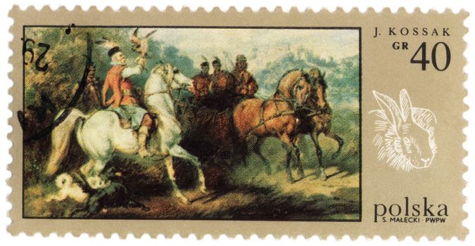 POLAND - CIRCA 1970: a stamp printed in Poland, shows Picture of Polish painter Juliusz Kossak "Hunting trip with a falcon", 1868, watercolor, circa 1970