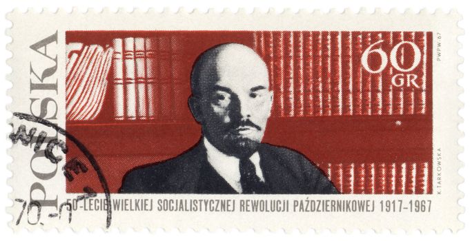POLAND - CIRCA 1967: A stamp printed in Poland shows Russian Communist leader Vladimir Lenin on bookshelf background, circa 1967