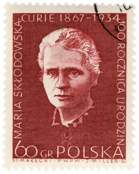 POLAND - CIRCA 1967: A stamp printed in Poland shows portrait of Nobel prize winner polish scientist Marie Curie, circa 1967