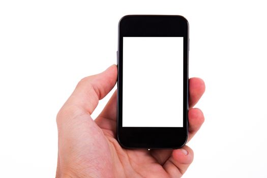 Hand holding smart, mobile phone with white blank screen, isolated on white background.
