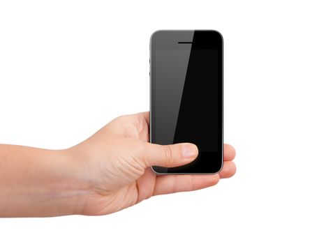 Realistic mobile phone device with blank touch screen with black frame holding by hand, isolated on white background.