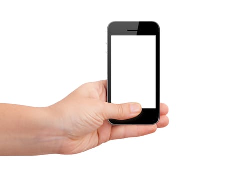 Realistic smart phone device with blank touch screen holding by hand, isolated on white background.