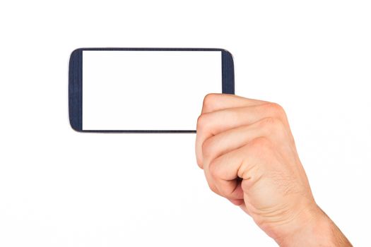 Hand holding and showing mobile phone with blank, white screen, front view, isolated on white background.