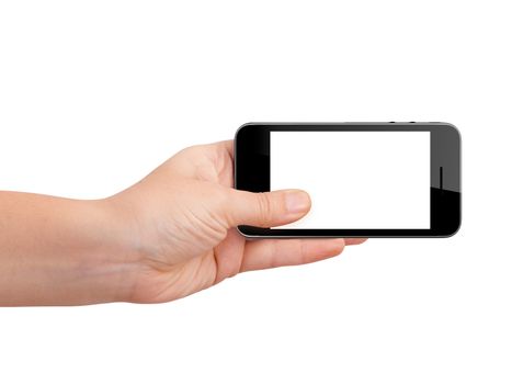 Realistic digital telephone device with blank touch screen holding by hand, isolated on white background.