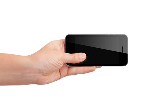 Realistic horizontal mobile phone device with blank touch screen holding by hand, isolated on white background.