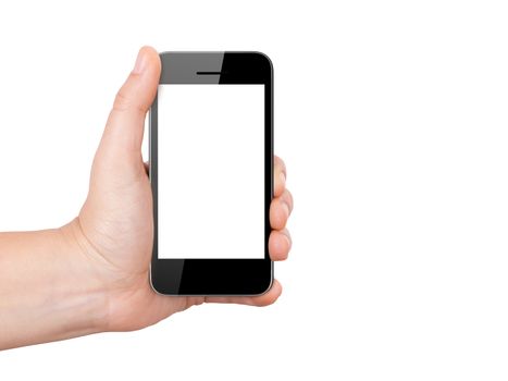 Realistic vertical digital smart phone device with blank white touch screen holding by hand, isolated on white background.