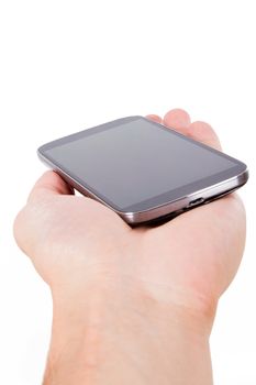 Hand holding smart phone with blank, dark screen, isolated on white background.