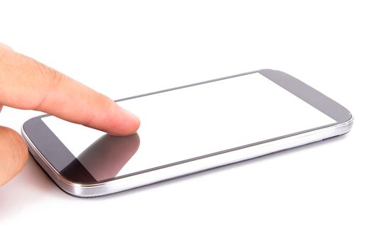 Hand touching smart phone with blank, white screen, front view, isolated on white background.
