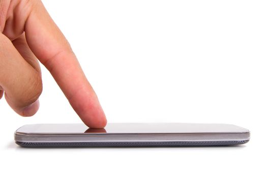 Finger touching smart phone with blank screen, front view, isolated on white background.