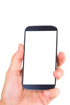 Hand holding and showing smart phone with blank, white screen, front view, isolated on white background.