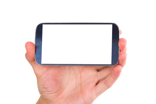 Hand holding and showing smart phone with blank, white screen, front view, isolated on white background.